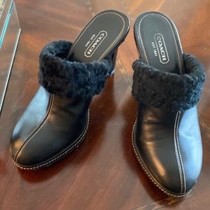 Coach Kacie black shearling fur trim high heel leather.  Size 9 Made in Italy